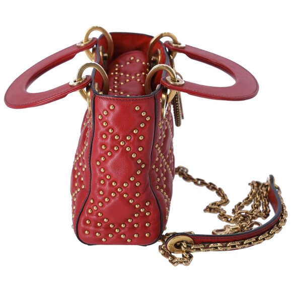 Christian Dior Lady Dior Mini Bag Handbag Red Gold Leather Studded - Picture 6 of 10